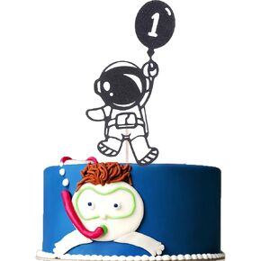 Astronaut Cake Topper 1st Birthday - First Trip Around The Sun Cake Topper, Black Glitter Outer Space One Birthday Themed Party Decoration