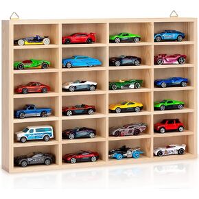 Stylish Wood Toy Cars Display Case with Removable Shelves, Wall-Mountable Organizer for Toy Cars and Matchbox Cars, Includes Hanging Screws (Wood-30 Slots)