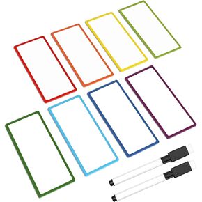 48 Pieces Magnetic Dry Erase Labels, 3.2"x1.2" Colored Border Name Plate Tags Reusable Writable Erasable Cards with 2 Black Marker for White Board Refrigerator Locker Garage