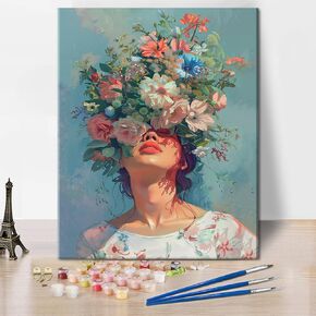 Paint by Numbers Kit for Adults Flower DIY Paint by Numbers for Adults Young Woman Posing with Flowers Covering Her Eyes Oil Painting with Brushes Adult Paint by Number Kits Art Crafts 16x20 in