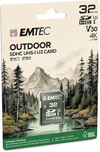 بطاقة SD خارجية سعة 32 جيجابايت من EMTEC - بطاقة SD لكاميرا UHS-I U1 V10 فئة 10 - حماية IPX6 وIPX7 - مثالية لمقاطع الفيديو عالية الدقة - عبوتان in Kuwait