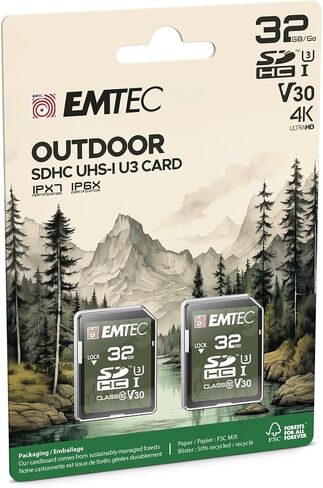 بطاقة SD خارجية سعة 32 جيجابايت من EMTEC - بطاقة SD لكاميرا UHS-I U1 V10 فئة 10 - حماية IPX6 وIPX7 - مثالية لمقاطع الفيديو عالية الدقة - عبوتان in Kuwait
