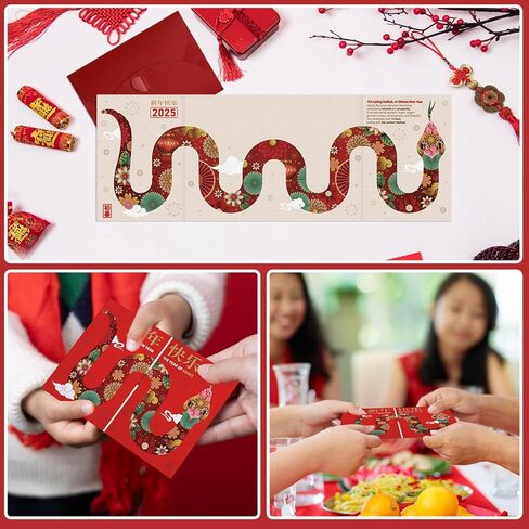 D4DREAM Happy Chinese New Year Card 2025 - Folding Year of The Snake Greeting Cards with Red Envelopes Snake Chinese Lunar New Year Cards Chinese New Year Snake Gift Cards Spring Festival Party Favors in Saudi Arabia