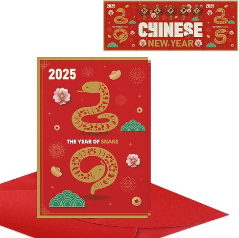 D4DREAM Happy Chinese New Year Card 2025 - Folding Year of The Snake Greeting Cards with Red Envelopes Snake Chinese Lunar New Year Cards Chinese New Year Snake Gift Cards Spring Festival Party Favors in Saudi Arabia
