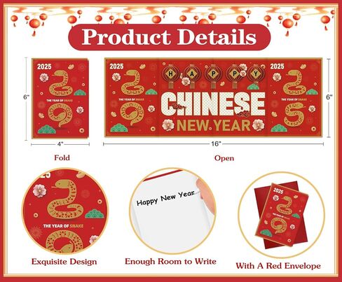 D4DREAM Happy Chinese New Year Card 2025 - Folding Year of The Snake Greeting Cards with Red Envelopes Snake Chinese Lunar New Year Cards Chinese New Year Snake Gift Cards Spring Festival Party Favors in Saudi Arabia