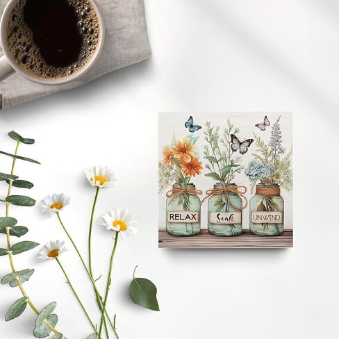 Happy Spring Floral Desk Decor Rustic Home Office Desk Art Blocks Decorations Cute Wood Box Sign Farmhouse Cubicle Shelf Tabletop Room Decor 5 X 5 Inch in Saudi Arabia