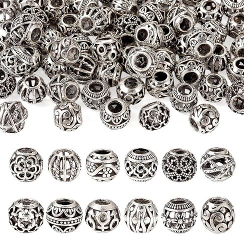 Beadthoven 150pcs 15 Style Antique Silver Large Hole Beads Spacers Tibetan Big Hole Tube Spacer Filigree Beads Alloy European Beads Loose Jewelry Spacers for Bracelets DIY Necklace Making Hair Braids in Saudi Arabia