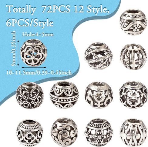Beadthoven 150pcs 15 Style Antique Silver Large Hole Beads Spacers Tibetan Big Hole Tube Spacer Filigree Beads Alloy European Beads Loose Jewelry Spacers for Bracelets DIY Necklace Making Hair Braids in Saudi Arabia