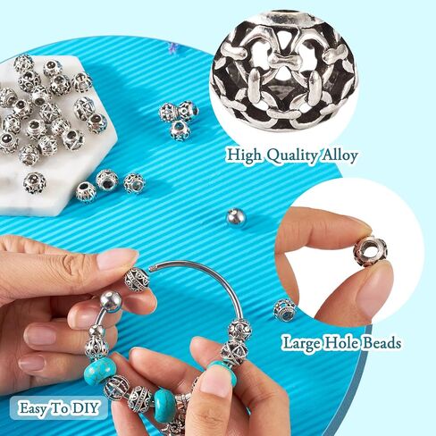 Beadthoven 150pcs 15 Style Antique Silver Large Hole Beads Spacers Tibetan Big Hole Tube Spacer Filigree Beads Alloy European Beads Loose Jewelry Spacers for Bracelets DIY Necklace Making Hair Braids in Saudi Arabia