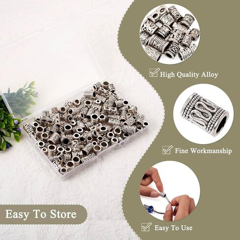 Beadthoven 150pcs 15 Style Antique Silver Large Hole Beads Spacers Tibetan Big Hole Tube Spacer Filigree Beads Alloy European Beads Loose Jewelry Spacers for Bracelets DIY Necklace Making Hair Braids in Saudi Arabia