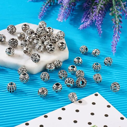 Beadthoven 150pcs 15 Style Antique Silver Large Hole Beads Spacers Tibetan Big Hole Tube Spacer Filigree Beads Alloy European Beads Loose Jewelry Spacers for Bracelets DIY Necklace Making Hair Braids in Saudi Arabia