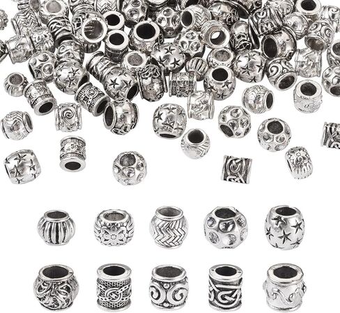 Beadthoven 150pcs 15 Style Antique Silver Large Hole Beads Spacers Tibetan Big Hole Tube Spacer Filigree Beads Alloy European Beads Loose Jewelry Spacers for Bracelets DIY Necklace Making Hair Braids in Saudi Arabia