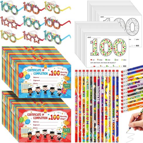 100th Day of School Kit Teacher Favor Kit Include Pencils, Color Pages, Certificates, Certificate of Merit and Glasses for Kids 100 Days of School Celebration Party Favors School Supplies (120 Pcs) in Saudi Arabia