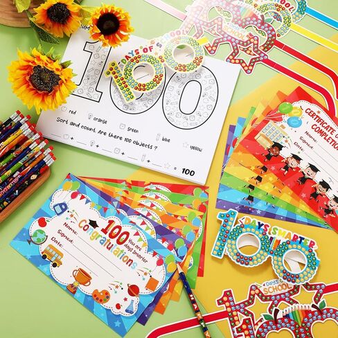 100th Day of School Kit Teacher Favor Kit Include Pencils, Color Pages, Certificates, Certificate of Merit and Glasses for Kids 100 Days of School Celebration Party Favors School Supplies (120 Pcs) in Saudi Arabia