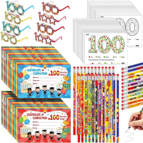 100th Day of School Kit Teacher Favor Kit Include Pencils, Color Pages, Certificates, Certificate of Merit and Glasses for Kids 100 Days of School Celebration Party Favors School Supplies (120 Pcs) in Saudi Arabia