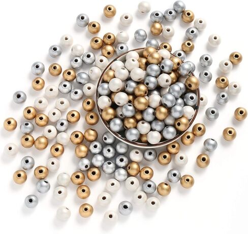 DAHI 450pcs 10mm Gold,Silver,White Three Color Round Wood Beads for DIY Craft, Jewelry Making(450pcs 10mm) in Saudi Arabia
