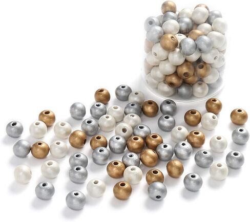 DAHI 450pcs 10mm Gold,Silver,White Three Color Round Wood Beads for DIY Craft, Jewelry Making(450pcs 10mm) in Saudi Arabia