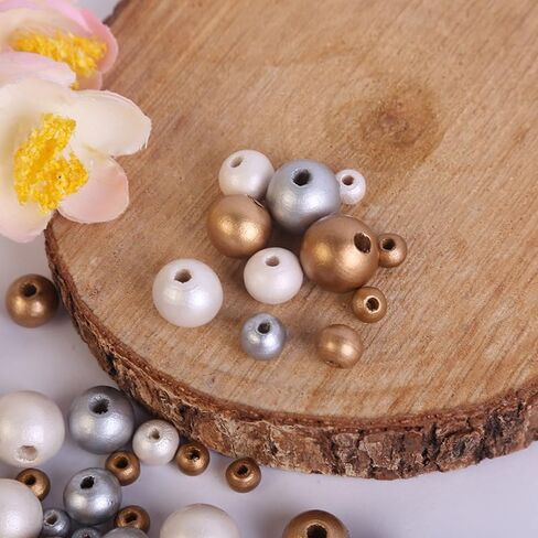 DAHI 450pcs 10mm Gold,Silver,White Three Color Round Wood Beads for DIY Craft, Jewelry Making(450pcs 10mm) in Saudi Arabia
