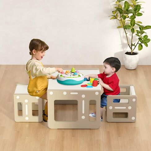 Kids' Table and 2 Chairs Set, 4 in 1 Activity Table for Toddlers Children Learning, Play, Arts, Crafts and Creativity - Children's Furniture for Home, Brown in Kuwait