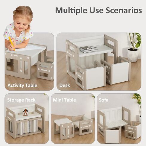 Kids' Table and 2 Chairs Set, 4 in 1 Activity Table for Toddlers Children Learning, Play, Arts, Crafts and Creativity - Children's Furniture for Home, Brown in Kuwait
