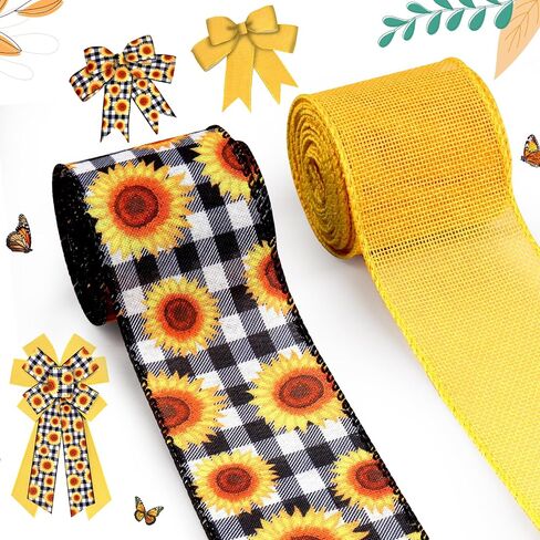 ALIBBON 2 Rolls 2.5" 5 Yd Butterfly Ribbon - Purple Buffalo Plaid Wired Spring Flower Burlap Ribbon for DIY Crafts Bows Making Gifts Wrapping Party Decoration in Saudi Arabia