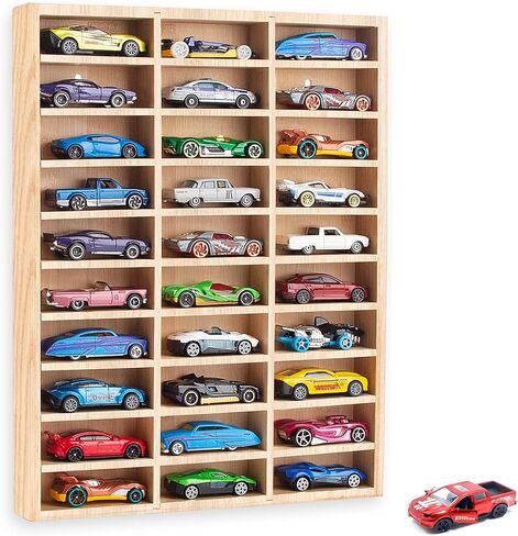 Stylish Wood Toy Cars Display Case with Removable Shelves, Wall-Mountable Organizer for Toy Cars and Matchbox Cars, Includes Hanging Screws (Wood-30 Slots) in Kuwait