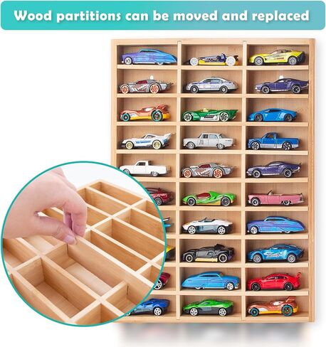 Stylish Wood Toy Cars Display Case with Removable Shelves, Wall-Mountable Organizer for Toy Cars and Matchbox Cars, Includes Hanging Screws (Wood-30 Slots) in Kuwait