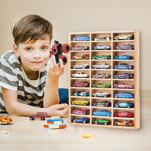 Stylish Wood Toy Cars Display Case with Removable Shelves, Wall-Mountable Organizer for Toy Cars and Matchbox Cars, Includes Hanging Screws (Wood-30 Slots) in Kuwait