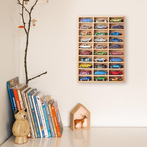 Stylish Wood Toy Cars Display Case with Removable Shelves, Wall-Mountable Organizer for Toy Cars and Matchbox Cars, Includes Hanging Screws (Wood-30 Slots) in Kuwait