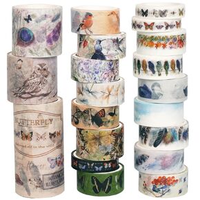 YUBBAEX Landscaping Washi Tape Pack 20 Rolls Insects Birds Printed Masking Tape Vintage Decorative for Arts, DIY Crafts, Journal Supplies, Planners, Scrapbook, Card/Gift Wrapping