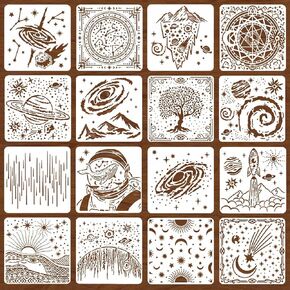 Sun Moon Stars Stencils Set (16 Designs, 6x6 in) | 16pcs Reusable Outer Space Stencils | Astronaut Universe Galaxy Planets Theme Drawing Templates Stencils for Painting on Wood Wall Paper Arts Crafts