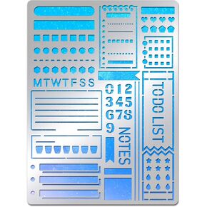 BENECREAT Stainless Steel Journal Planner Stencil with English Alphabet, Numbers, Circular Patterns, Reusable Stainless Steel Stencil Tool for Painting, Albums, Scrapbooking, 7.5x5.5inch