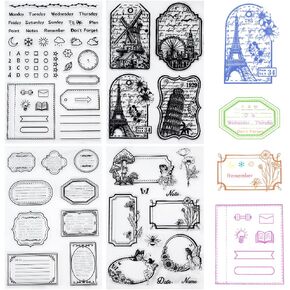 CRASPIRE 4 Sheets Vintage Blank Labels Clear Stamps Tower Notes Vintage Background Reusable Transparent Silicone Stamp Seals for Journaling Card Making Decor DIY Scrapbooking Photo Album Decorative