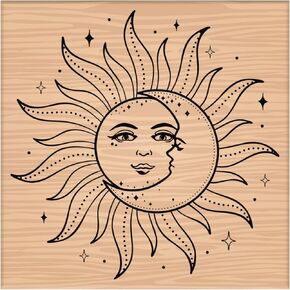 CRASPIRE Wooden Rubber Stamp The Sun and The Moon Overlap Decorative Wood Stamps Vintage Wood Mounted Rubber Stamps for Card Making DIY Art Crafts Scrapbooking Journal Diary Letter Planner