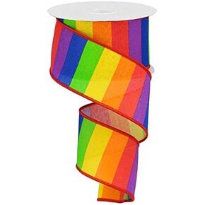 Rainbow Vertical Stripe Wired Edge Ribbon - 10 Yards (2.5") - Red Yellow Blue Green