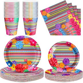 Domensi 200 Pcs Mexican Party Supplies Tableware Set for 50 Guests, Includes 7 Inch 9 Inch Floral Stripes Paper Plates, 9 oz Disposable Cups and Napkins for Boys Girls Mexican Theme Party