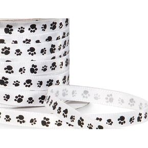 Single Faced Satin Paw Print Ribbon 1/4" White with Black Paw Print - 50 Yard Roll
