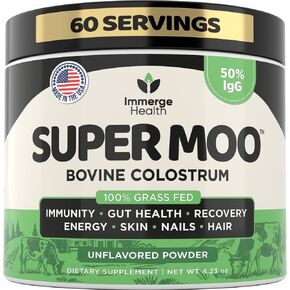 Super Moo Grass Fed Bovine Colostrum - 120 Capsules - Gut Health, Muscle Recovery, Energy, Hair, Skin and Immune Supplement | 50% IgG Cow Colostrum for Humans | Superfood, Gluten Free, Unflavored. in Saudi Arabia