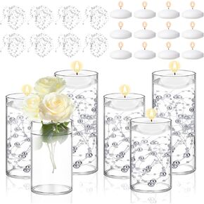 Glass Cylinder Vases, 15 Piece Set with Artificial Pearl Strings, Floating Candles, 4x2.56inch, 6x2.56inch, 8x2.56inch - Wedding, Birthday, Party Table Decor