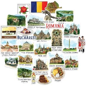 Navy Peony Remarkable Romania Travel Stickers (28pcs) - Die-Cut, Watercolor, Bucharest Vacation Decals for Journals, Scrapbooks, Luggage, Tumbler