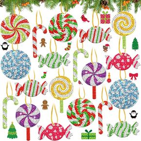 Skylety 20 Pcs Christmas Diamond Painting Ornaments Tags DIY Candy Xmas Diamond Art Painting Key Chain for Christmas Tree Decor Hanging Handcraft Gift Wrap Tags with Ropes Holiday Party Decoration
