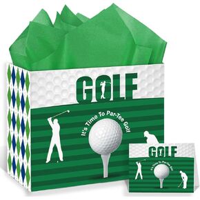 Golf Gift Bag with Tissue Paper Ideal for Golf Themed Gifts, Birthdays, and Special Occasions Reusable Golf Club Gift Wrapping Bag for Men and Kids – Includes Golf Gift Card and Golf Party Favor Bags