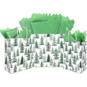 JarThenaAMCS 12Pcs Christmas Paper Gift Bags with Tissue Paper Watercolor Pine Tree Forest Party Favor Bags with Handle Xmas Goodie Candy Treat Bags for Winter Wedding Birthday, 3 Sizes