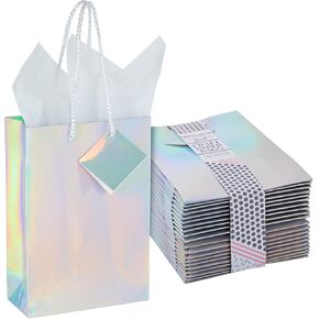 20-Pack Small Metallic Gift Bags with Handles, 5.5x2.5x7.9-Inch Paper Bags with Foil Coating, White Tissue Paper Sheets, and Tags for Small Business (Holographic)