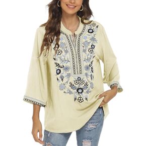 Traditional Mexican Embroidered Peasant Tops for Women, Plus Size Vintage Floral Tunic Shirts, Flowers Embroidery Blouses in Kuwait