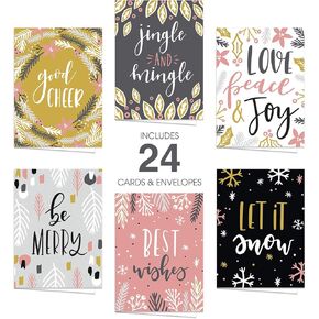 Modern Holiday Cards / 24 Grey Pink Mustard Christmas Cards With White Envelopes / 6 Festive Winter Designs / 4 5/8" x 6 1/4" Greeting Card Pack