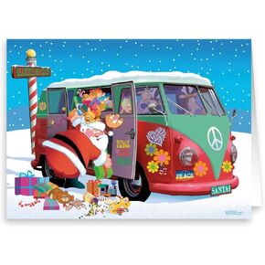Stonehouse Colletion | Santa Goes Retro | 18 Christmas Cards & Envelopes | Santa's Peace 1960's Peace Bus | USA Made