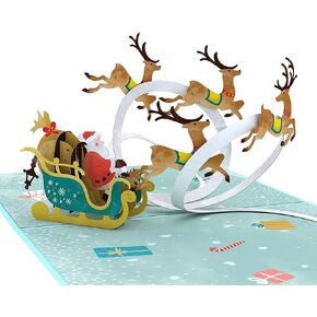 بطاقة Lovepop Christmas Pop-Up لها وله - بطاقات تهنئة للعطلات ثلاثية الأبعاد للأولاد والبنات والرجال والنساء - مزلقة سانتا مقاس 5 × 7 بوصات الرنة - تتضمن بطاقة ملاحظات فارغة ومظروف