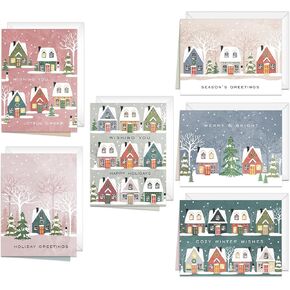 Canopy Street Snowy Village Holiday Cards / 24 Christmas Note Cards With White Envelopes / 4 5/8" x 6 1/4" Festive Seasonal Greeting Cards / 6 Winter Wonderland Houses Designs