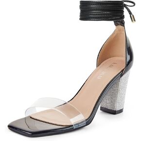LALA IKAI Women's Rhinestones Strappy Heels Slip On Block Chunky Sandals Round Toe Silver Mules Party Office Shoes